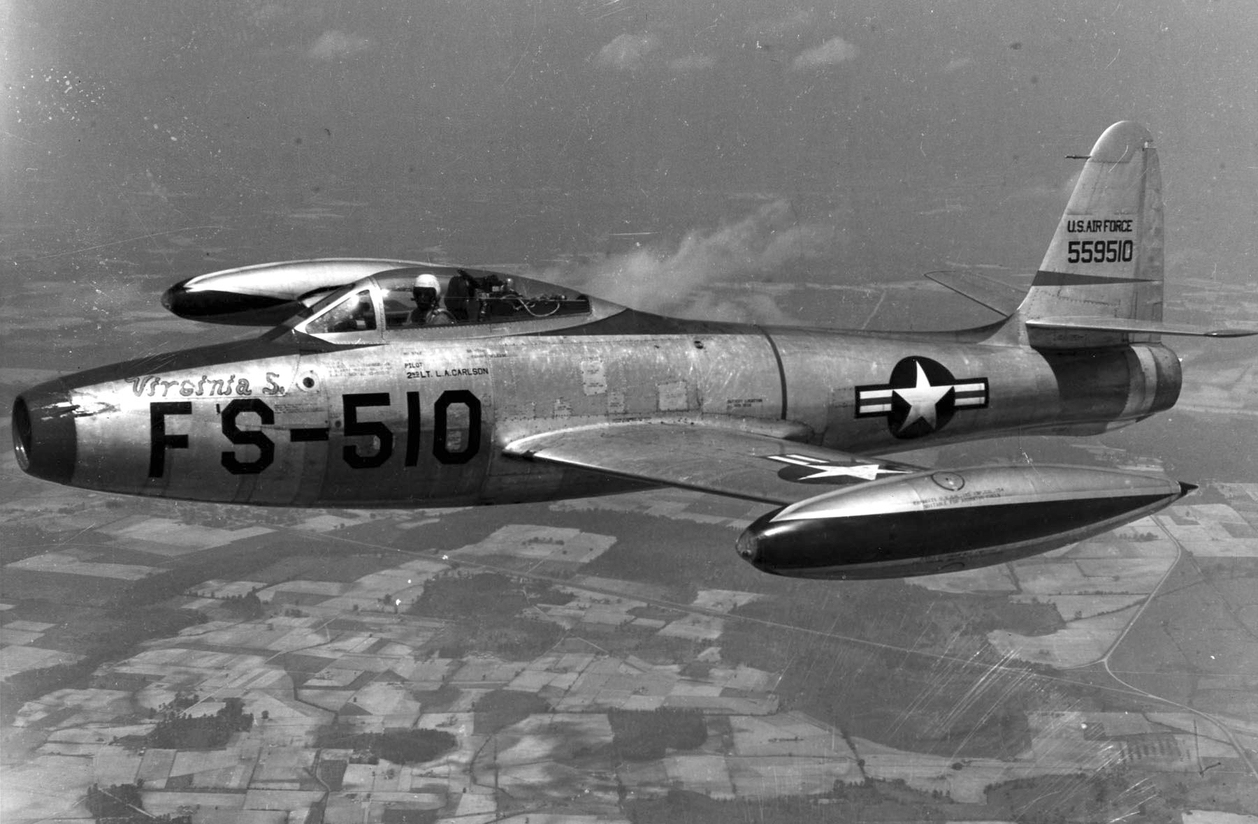 Republic F-84B in flight. (U.S. Air Force photo)
