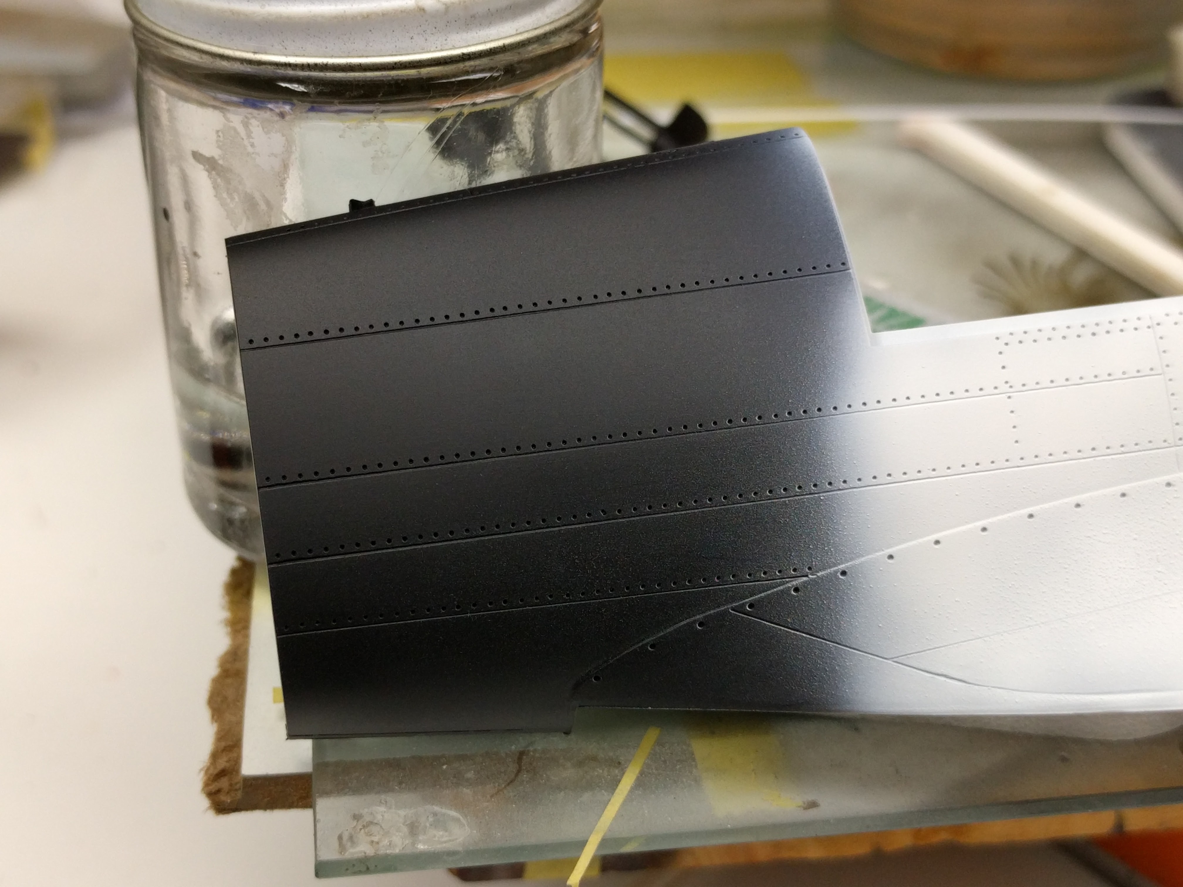 For comparison, Mr. Surfacer on the exact same test piece, sprayed just minutes before with the same airbrush and same surface prep (ie none).