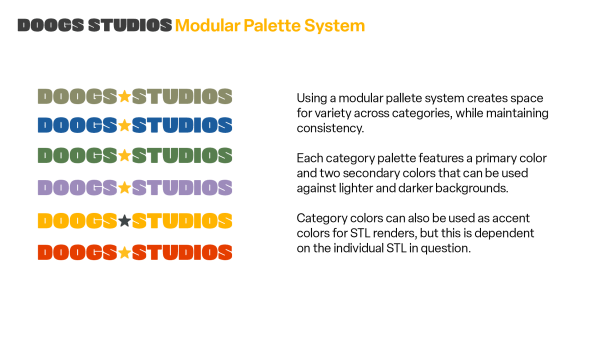 Graphic showcasing the modular palette system for Doogs Studios, featuring the brand name in various colors and text styles against contrasting backgrounds.