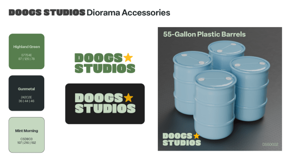 A layout featuring the Doogs Studios logo alongside a product image of five blue 55-gallon plastic barrels. The design also includes three color swatches labeled Highland Green, Gunmetal, and Mint Morning.