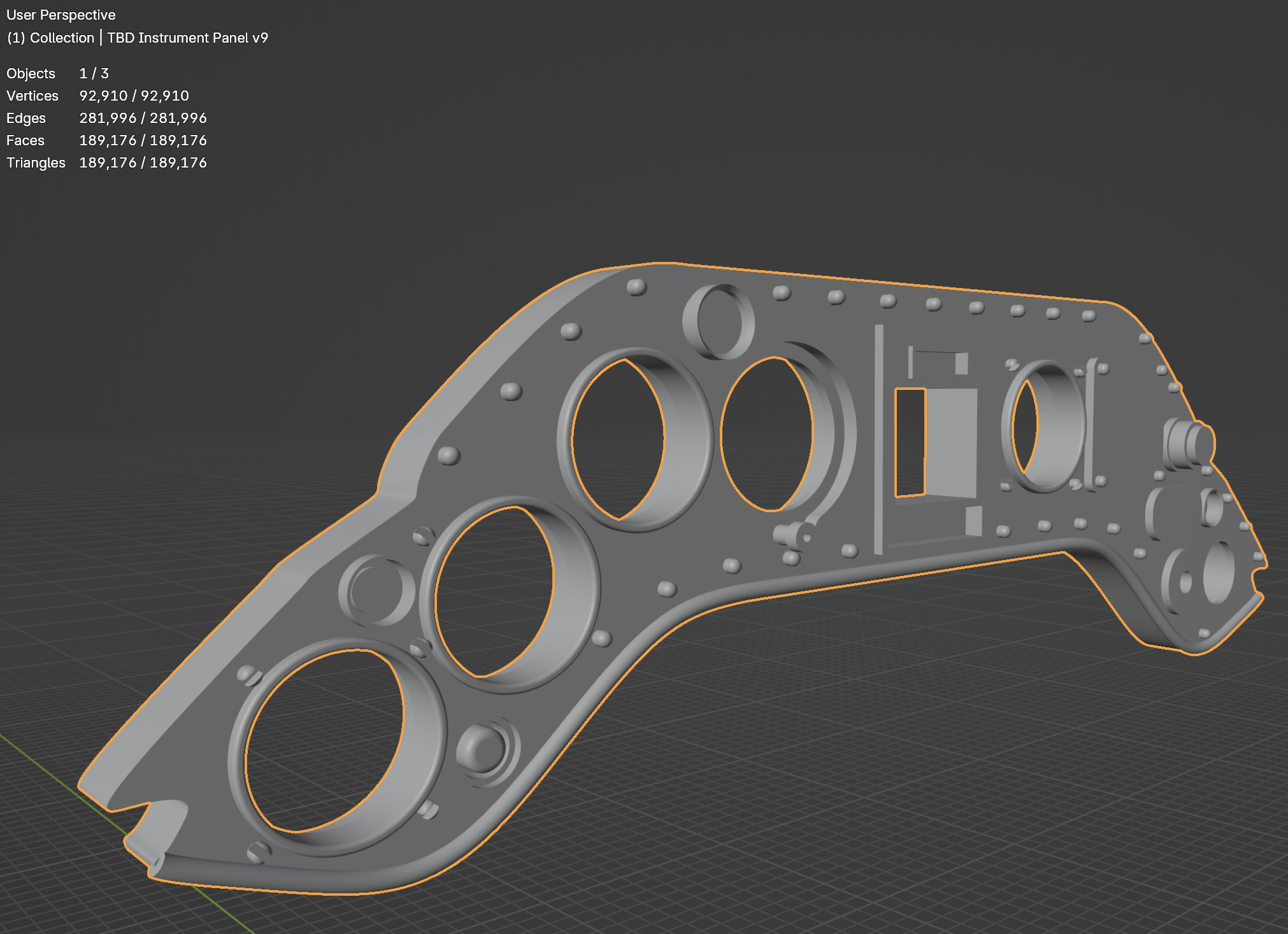 3D model of a TBD Devastator instrument panel displayed in Blender, highlighting the detailed surface with numerous triangular facets and information on vertices, edges, and triangles.