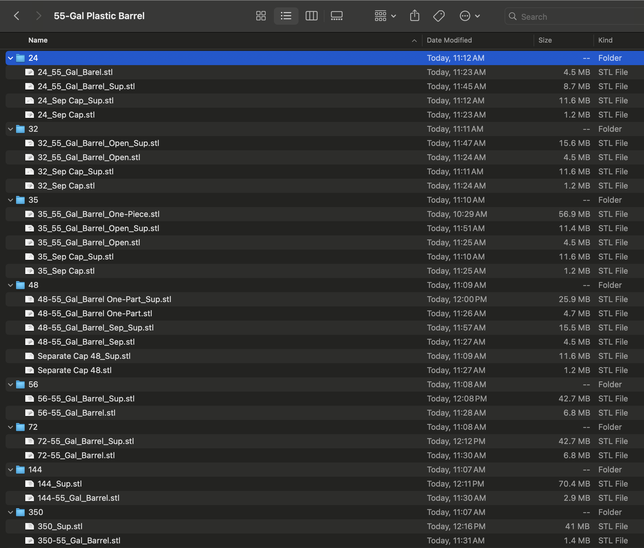 A file directory showing various STL files for 55-gallon plastic barrels, listed with their sizes and timestamps.