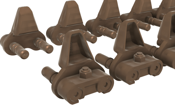 Close-up of 1/35 scale model track end connectors, showcasing engineered design with embedded pins for easy assembly.