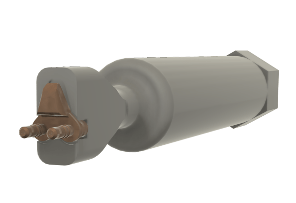 3D rendered model of a cylindrical component with metallic features, showcasing a detailed connector at one end.